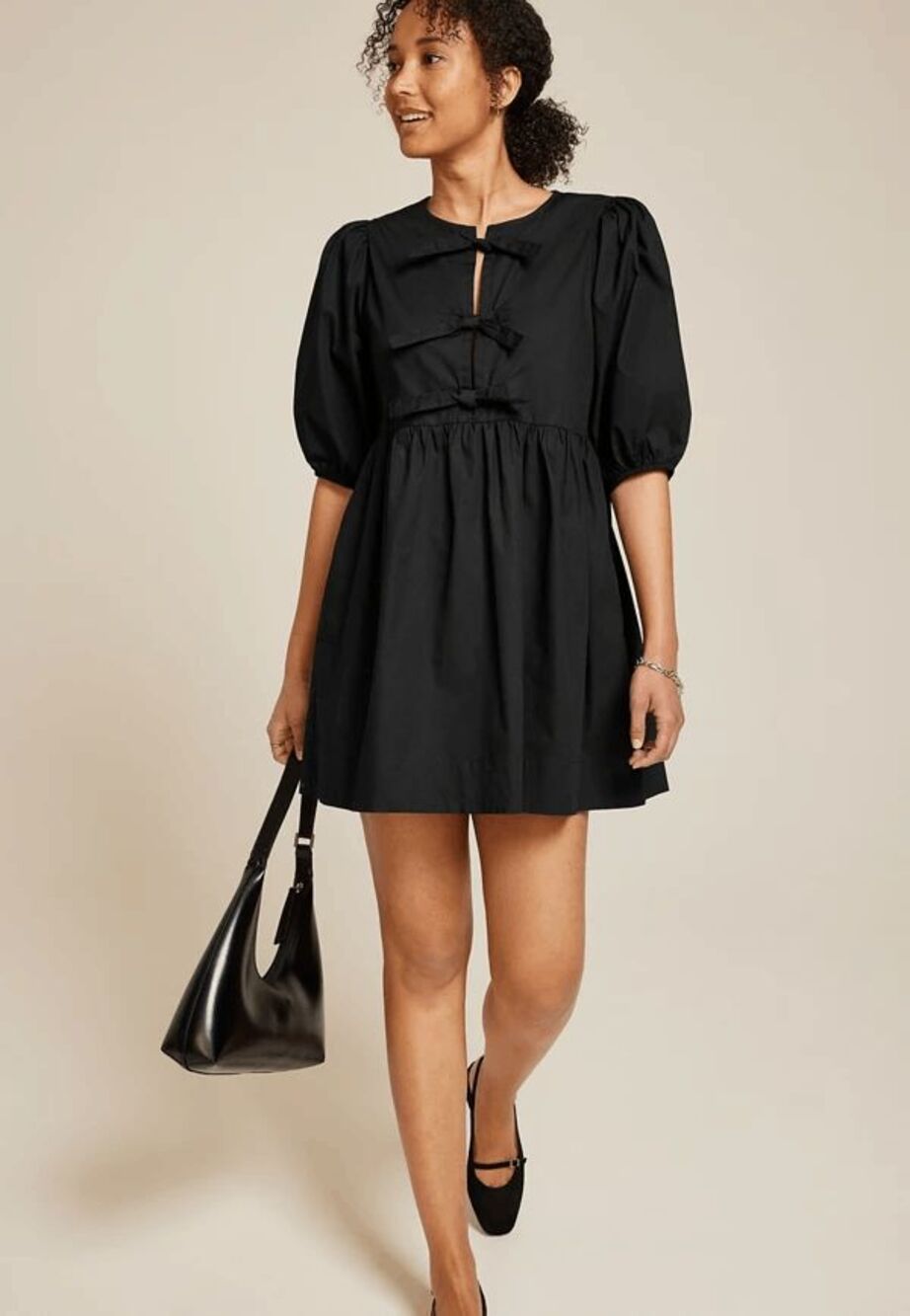Band Of The Free Bubble Sleeve Tie Front Mini Dress Black M NWOT